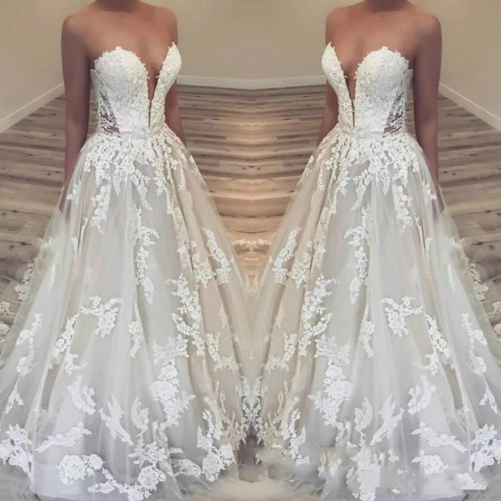 Hermosa novia Vestidos de novia de encaje Apliques 2019 Tul A-Line Árabe Tallas grandes A-Line Vestido de novia Bola Novia Matrimonio robe de mari￩e