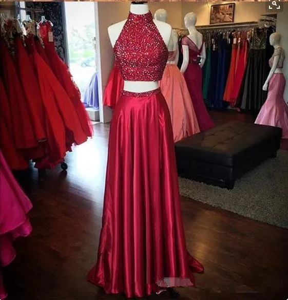 Dark Red Long Homecoming Dresses Two Pieces Stunning Sequined Crop
