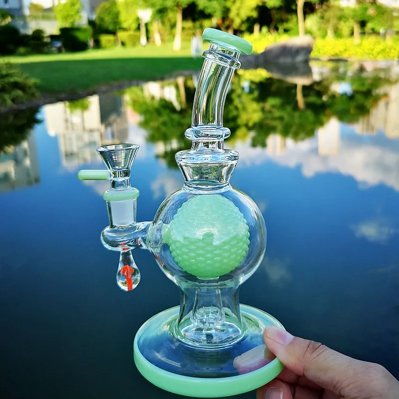 Hookahs 최신 녹색 보라색 유리 봉 7 인치 볼 퍼크 봉 쇼 헤드 여과기 물 파이프 14mm 공동 오일 Dab Rigs with Heady Bowl