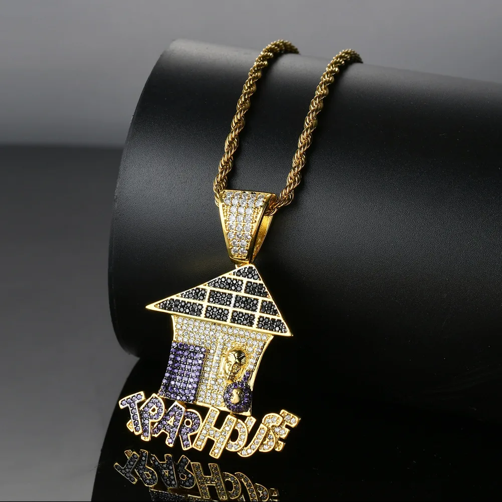 Bling Bling Hip Hop Мультфильм Ловушка Дом Подвеска Медный Микро Pave с CZ Stones Ожерелье Ювелирные Изделия для мужчин и женщин