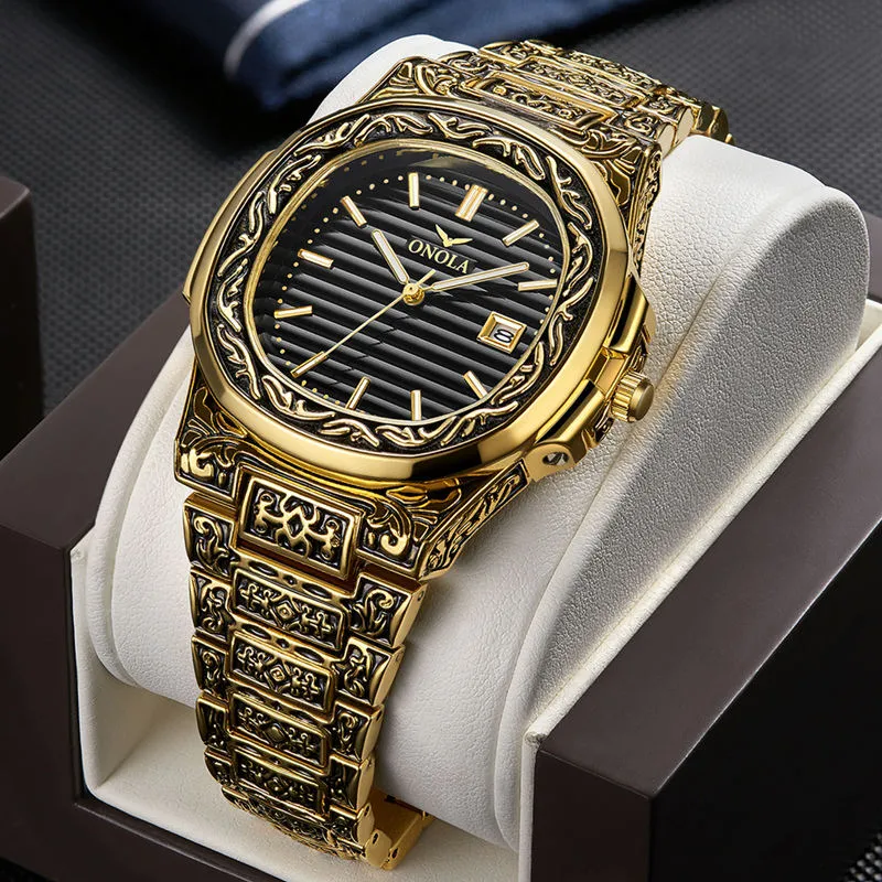Klassisk designer Vintage Watch Men 2019 Onola Top Brand Luxuri Gold Copper Wristwatch Fashion Formal Waterproof Quartz Unique Mens242L