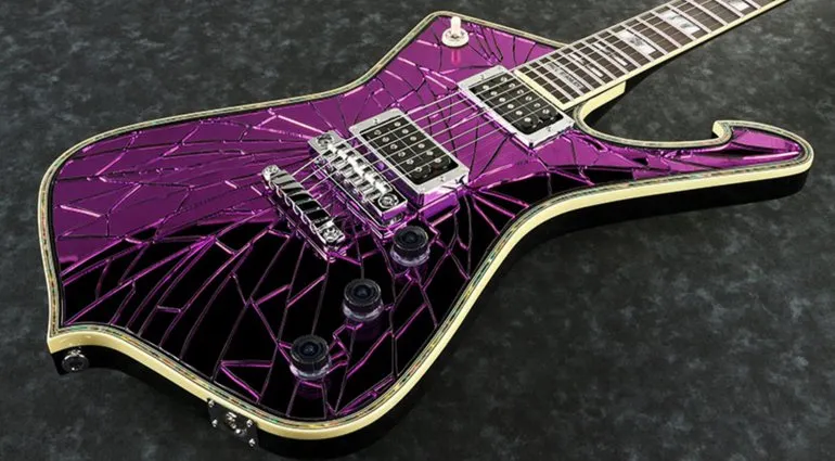 Púrpura oro plata espejo agrietado guitarra eléctrica abulón cuerpo encuadernación, incrustación de perlas de abulón