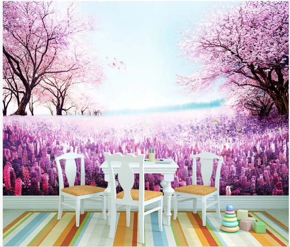 modern wallpaper for living room Purple romantic cherry tree small fresh landscape mural