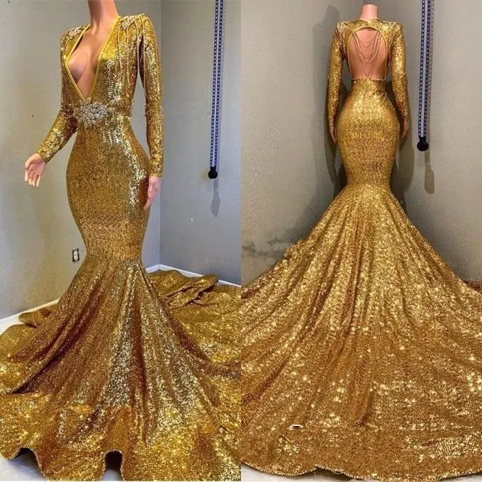 2019 Hot Mermaid Gold Cekinowe Koronki Prom Suknie Pogling V Neck Długie Rękawy Frezowanie Open Back Party Cekiny Sąd Pociąg Suknie Wieczorowe Nosić