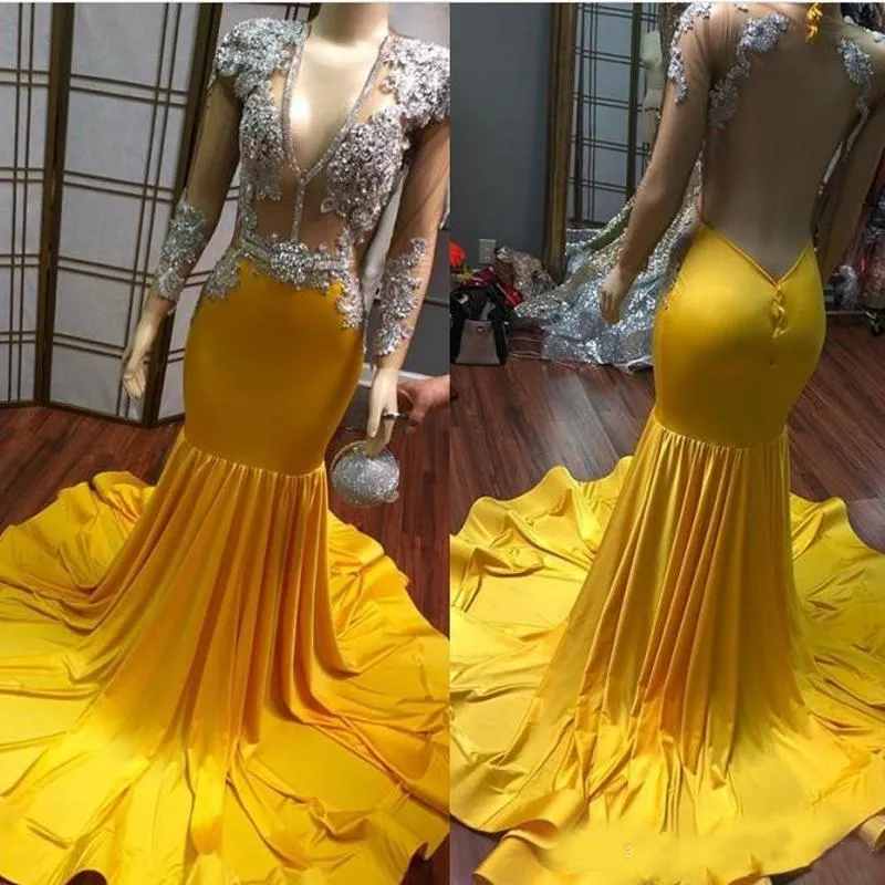 Yellow Sexy V Neck Mermaid Prom Dresses Long Sleeve Plus Size See Sheer Crystal Beaded Evening Gowns African Formal Dress