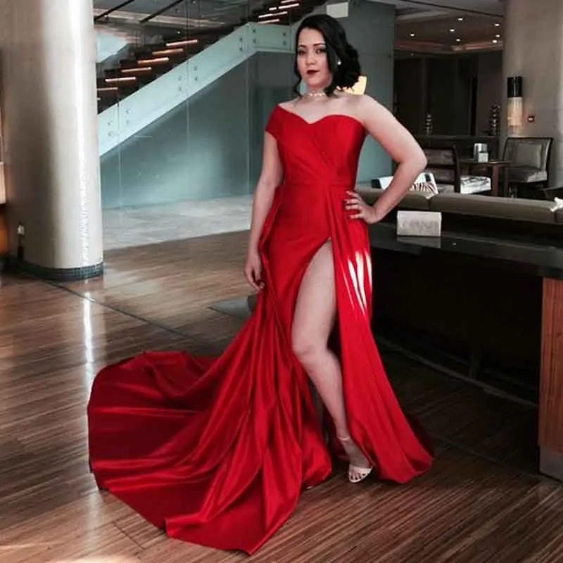 Red Satin One Shoulder Evening Gown With Side Slit Elegant Formal
