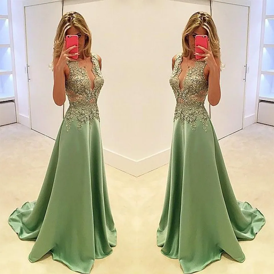 Prom Dresses Plunging V Neck Olive Green Satin Lace Appliques Beaded Illusion Long Evening Gowns Wear Plus Size Formal Party Dress ED1341