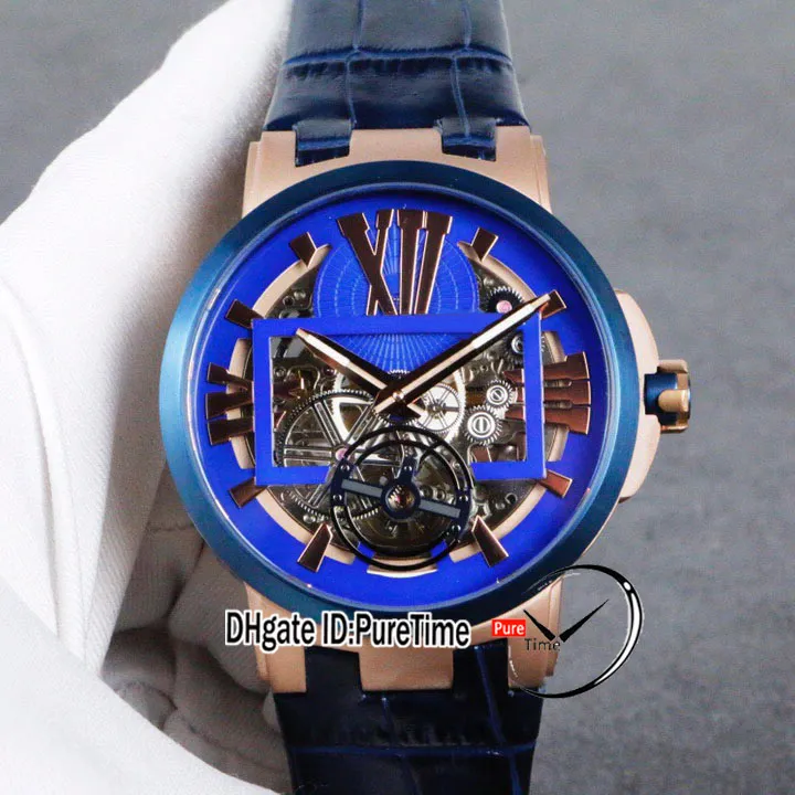 Nowy Executive Automatic Tourbillon Mężczyzna Zegarek Dwa Tone Rose Gold Blue Bezel Szkielet Dial Gold Roman Markers Blue Leather Purestime F03B2