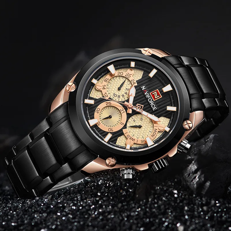 Naviforce Mens Watches Top Brand Luxury Men's Castile Sport Quartz 24時間の時計フルスチール軍事腕時計男性Clo2666