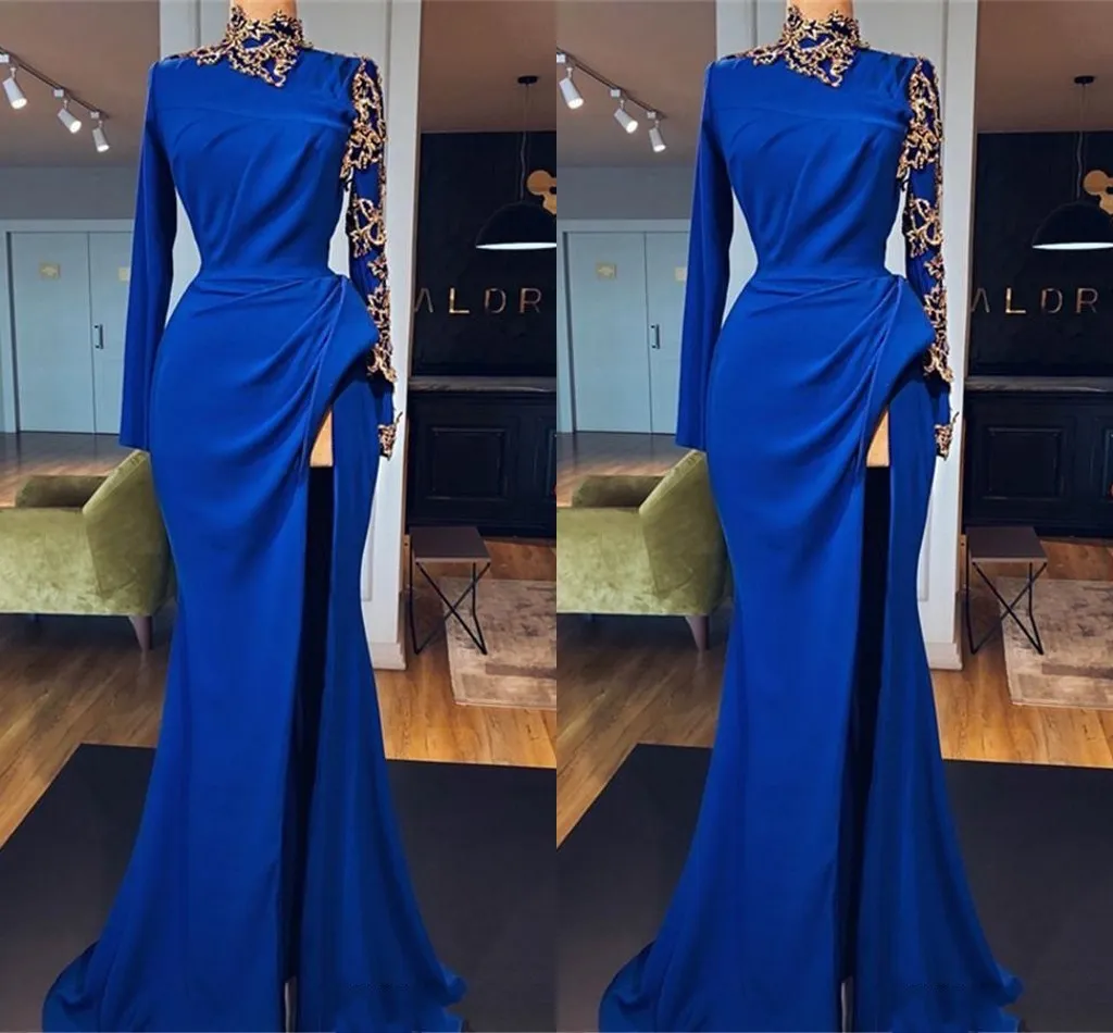 Chegada Nova Royal Blue Prom Vestidos manga comprida Jewel High Side Dividir Longo Formal Vestido usar vestidos vestes de soirée abiti da soros