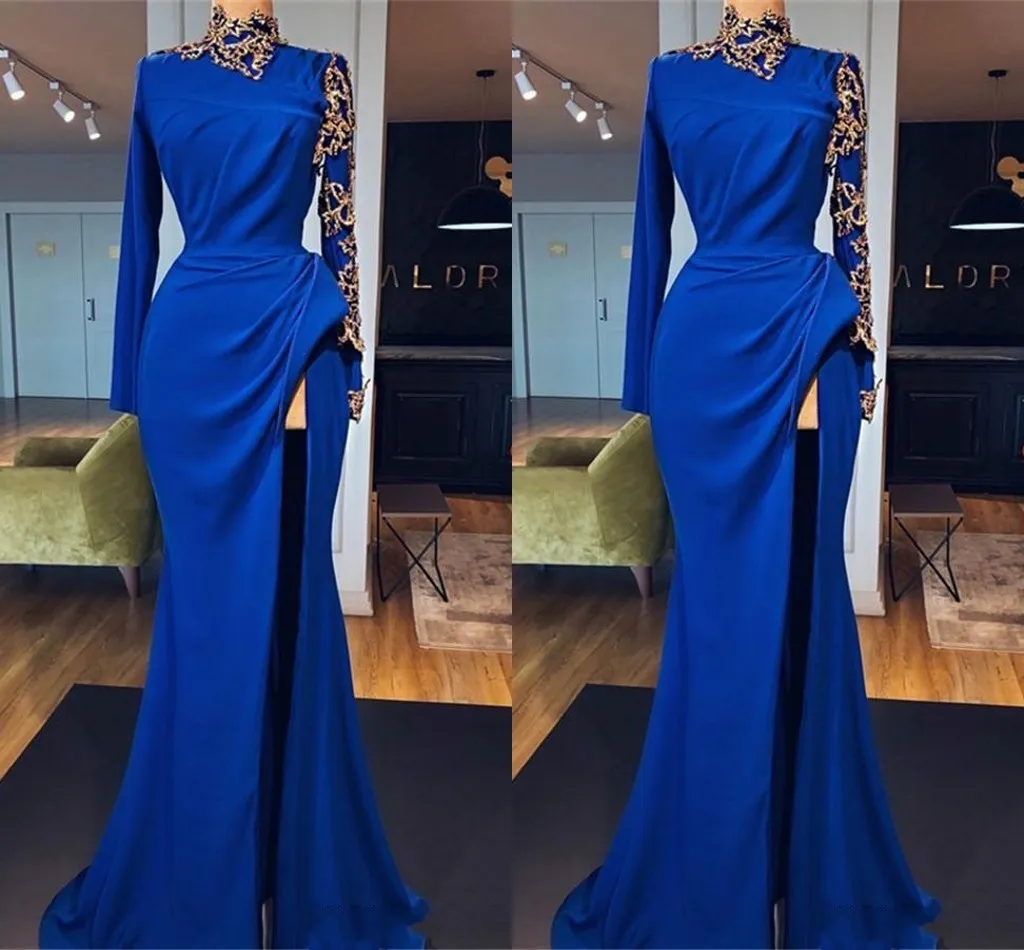 Nieuwe Collectie Royal Blue Prom Dresses Lange Mouw Jewel Hoge Zij Split Lange Formele Jurk Evening Draag jurken Gewaden De Soirée Abiti da Sera