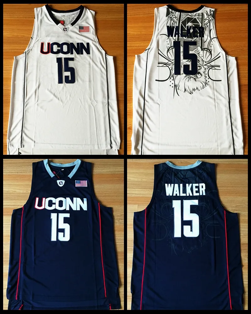 Kemba Walker Jersey #15 UCONN Huskies Dikişli Sıcak Basketbol Forması S-XXL Lacivert Beyaz Ücretsiz Kargo