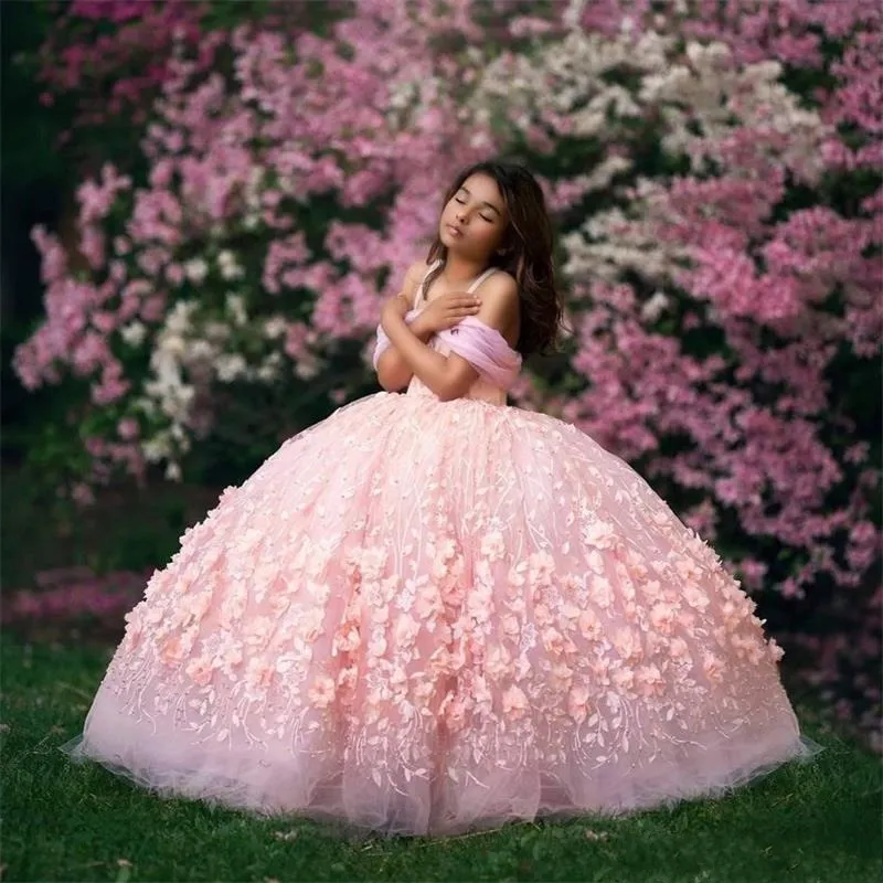 Pink Ball Gown Flower Girl Dresses For Weddings 2020 Off Shoulder 3D Floral Appliqued Puffy Girl's Pageant Dresses Kids Formal Wear AL3809