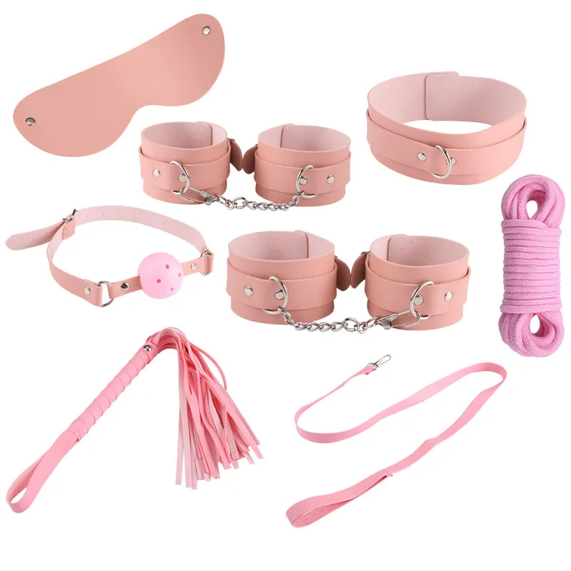 8Pcs Bondage Set Handcuffs Whip Eyemask Neck Collar Rope Restraining Sex Toys