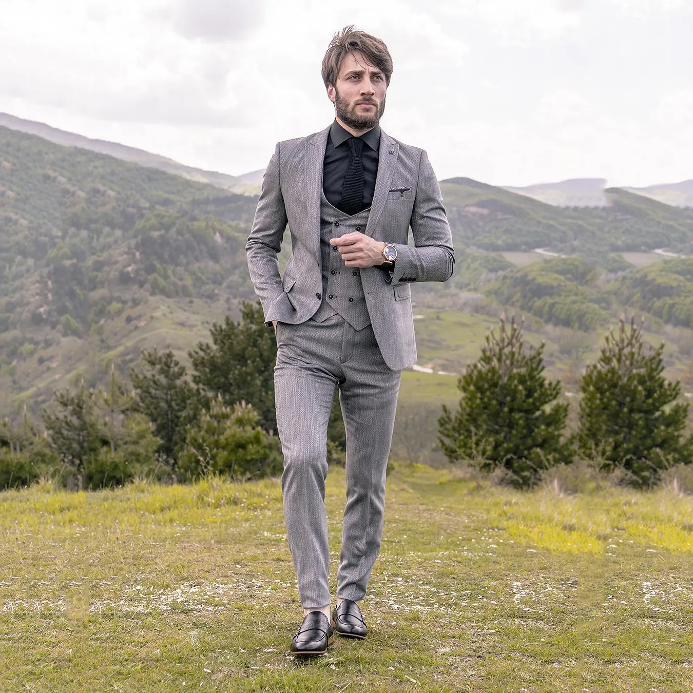 Tuxedos de marié pour hommes, beau pantalon gris, coupe cintrée, costumes de fête de bal, vêtements de cérémonie (veste + gilet + pantalon), été