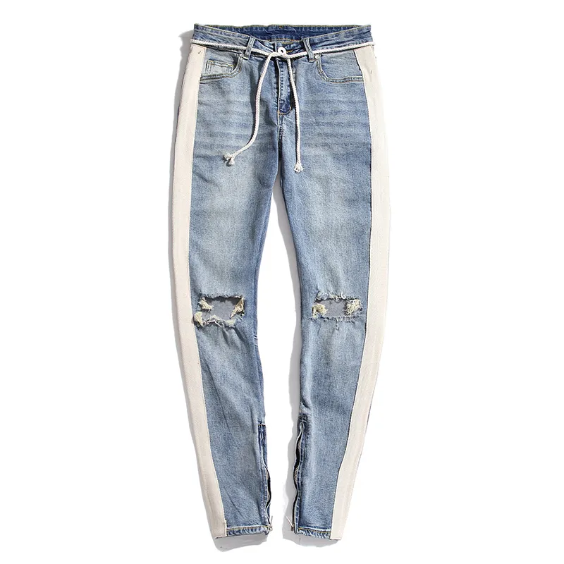 Jeans för män Designer Skinny Ripped Vitrandiga jeans Mode Stretch Slim Biker Byxor med dragsko Svart Blå