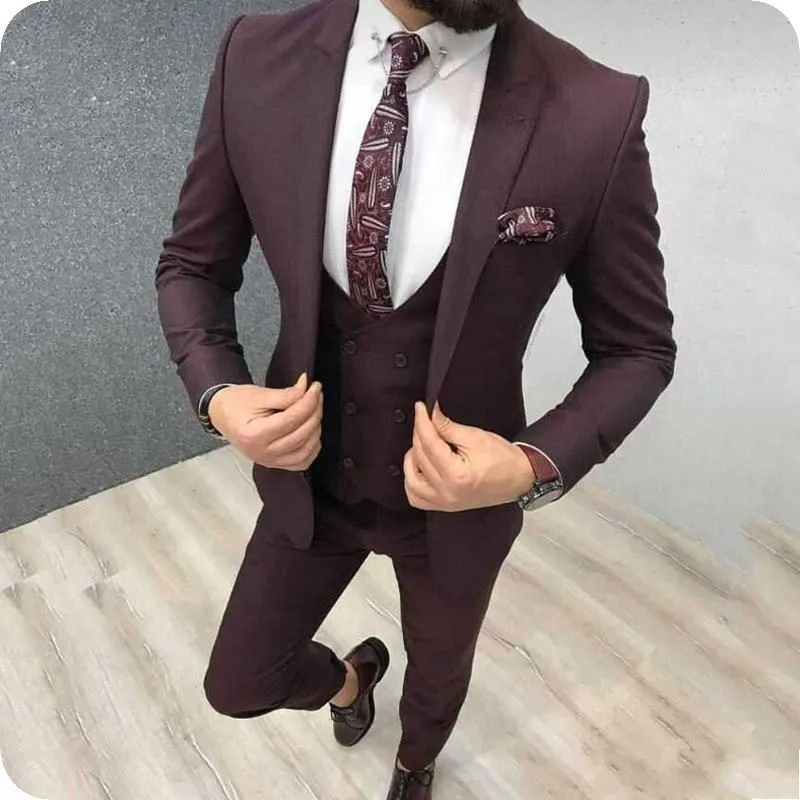 Handsome One Button Burgundy Groom Tuxedos Peak Lapel Män Passar 3 stycken Bröllop / Prom / Dinner Blazer (Jacka + Byxor + Vest + Tie) W615