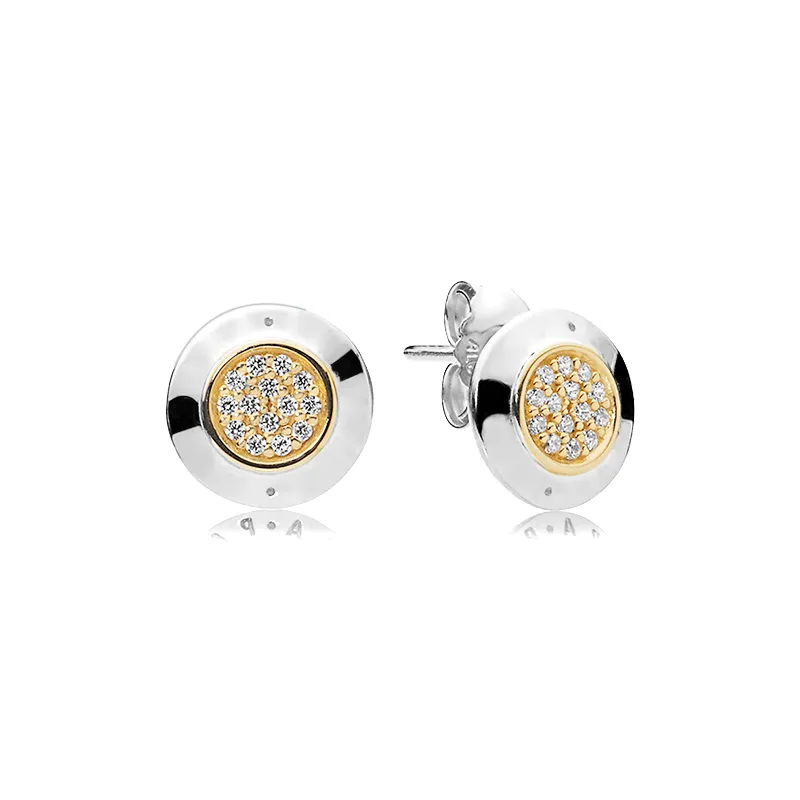 Yellow gold plated Classic disc EARRING for Sparkling Pandora Stud Earrings 925 Sterling Silver Women Mens Earrings set with Original box