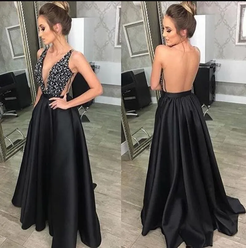 2019 Prom Dresses A-Line Black Sleeveless backless deep V-Neck Floor-Length Beading Cheap Sexy Evening Party Dresses bestidos de gala