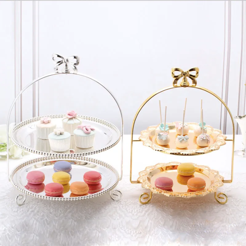 2 Layer Metal Cake Rack Stand European Style Fashion Table Decor Baking Party Supplies Wedding Props Golden Silver Snack Tray