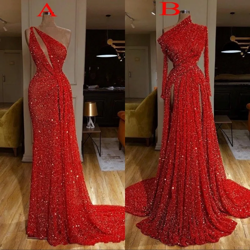 Ny ankomst Långärmad röd Mermaid Prom Klänningar 2020 High Split Formal Evening Gowns Robe de Soiree