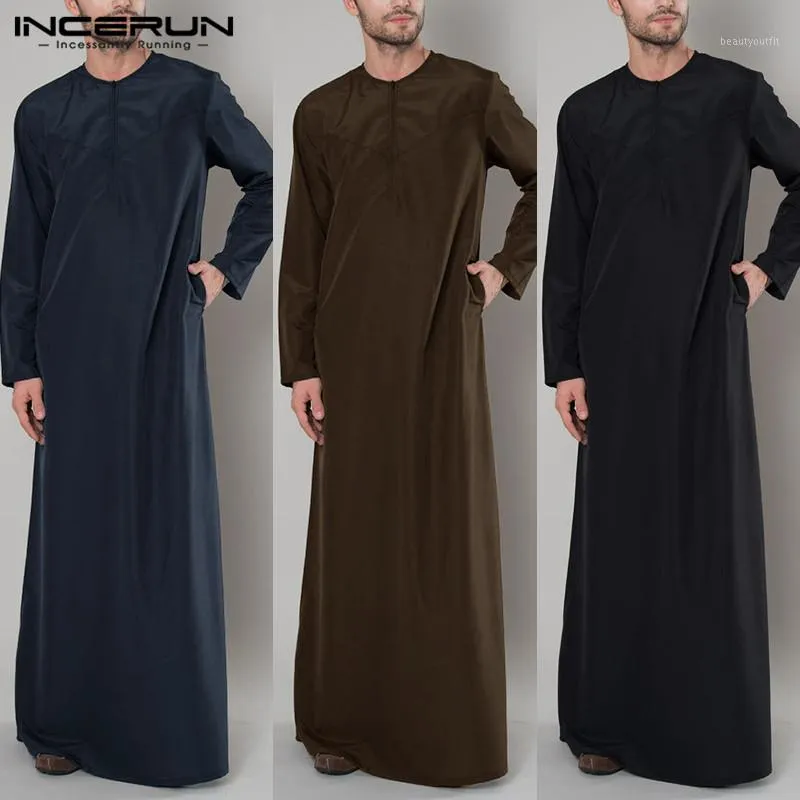 エスニック服のインシュアンアラブイスラムカフタン男性ジッパー長袖カラーローブイスラム教徒の服AabayaサウジアラビアThobe Dress Caftan 2021 5xL