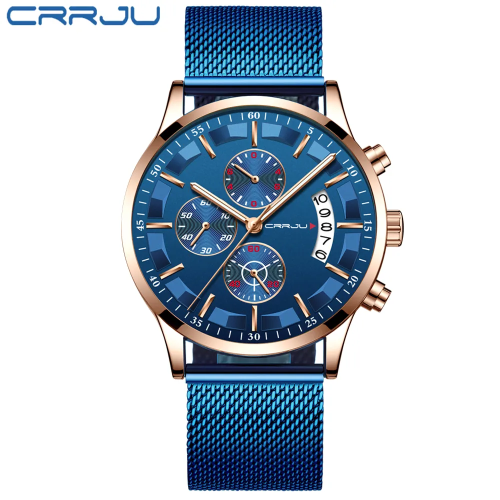 2019 Mens Stylish Watches CRRJU Brand Blue Military Waterproof