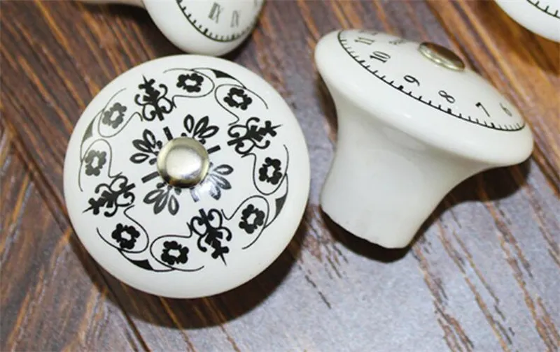 Round Black & White Ceramic Cupboard Knob With Leaf Design – Drawer Pull, Any Room