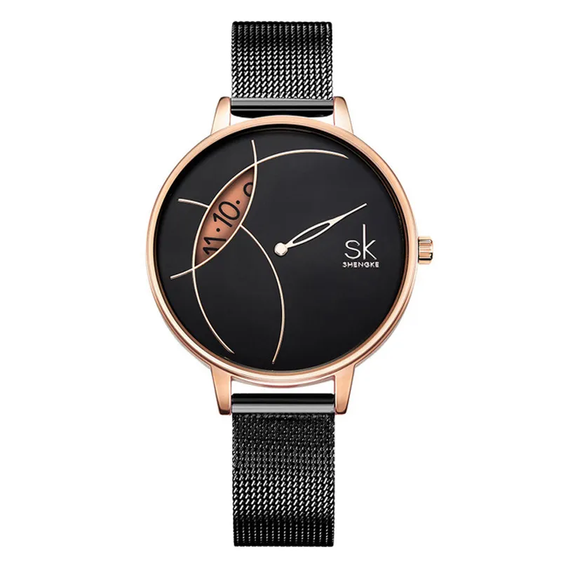 Shengke Qualitäts-Dame-Uhr-Quarz-Mode-Kleid-Armbanduhr-Edelstahl-Bügel-Mesh-Armband Geburtstags-Geschenk für Frauen