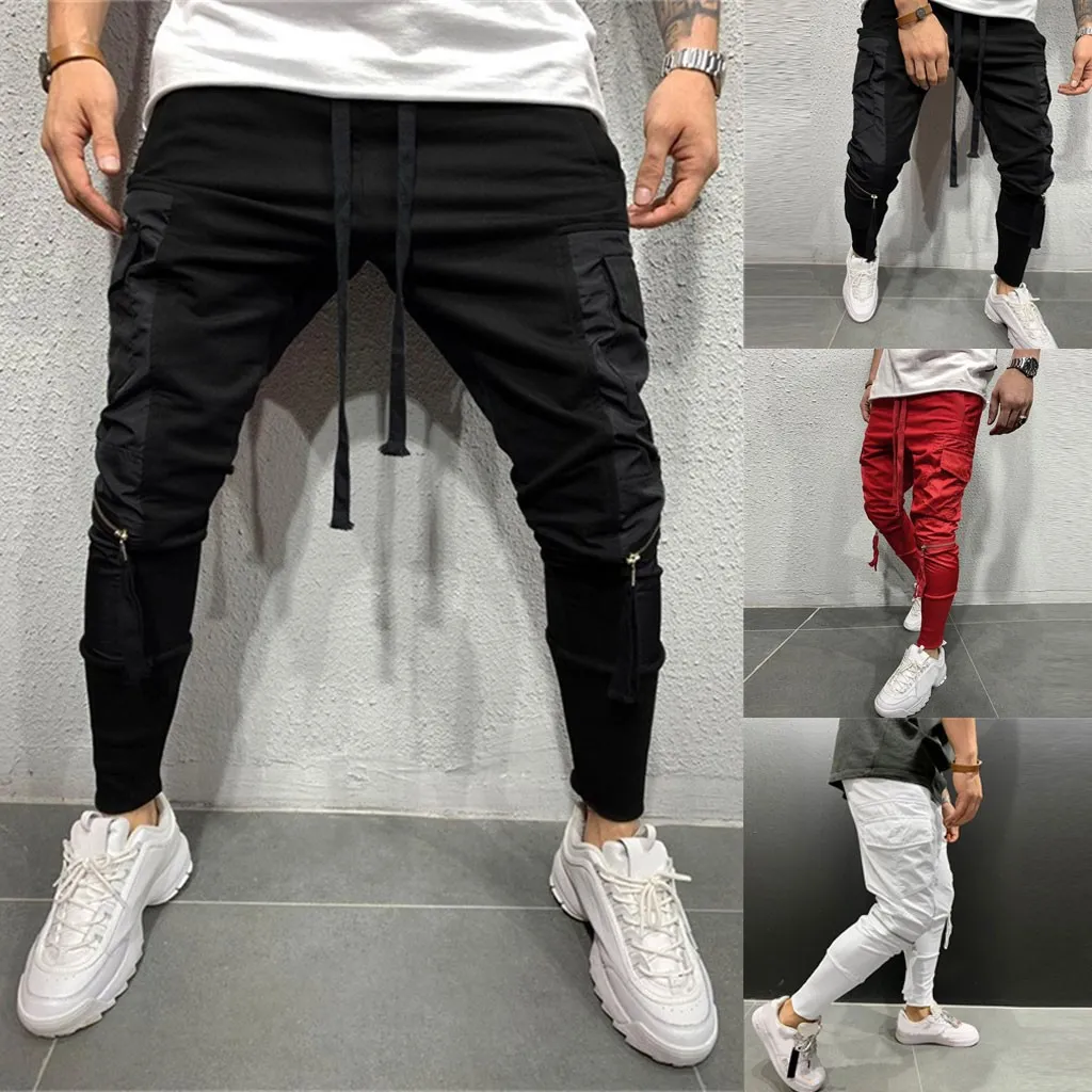 Män blixtlås ren overall casual ficka sport arbete casual byxor byxor pantalones hombre streetwear joggar hip hop tröjor