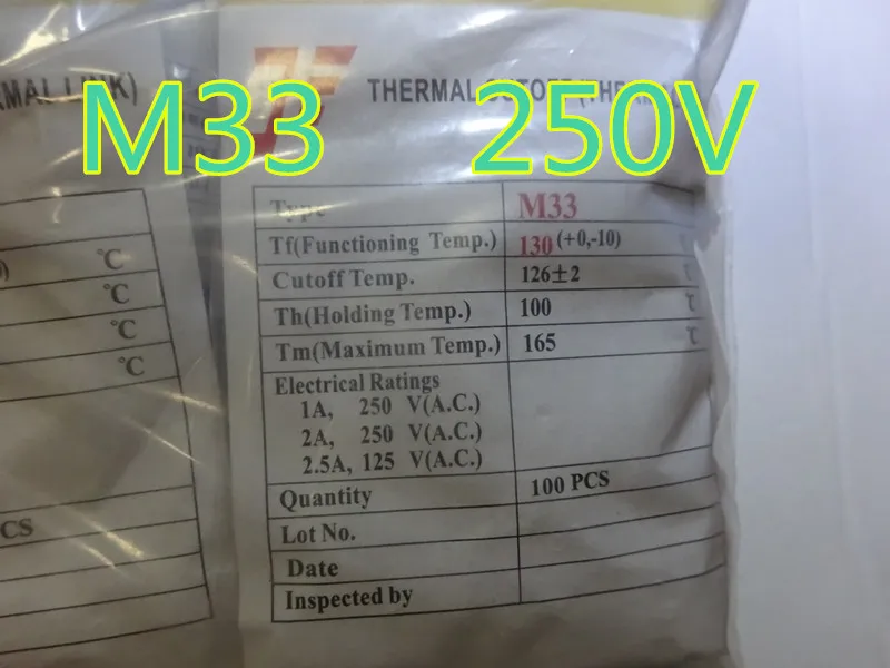 Componentes eletrônicos fusíveis 100 pçs / lote Fusível de temperatura M33 130 ° 250V