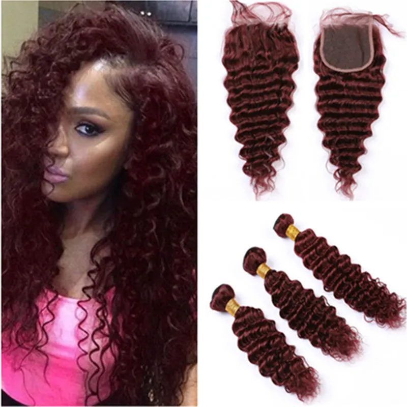 # 99J Vinho tinto brasileiro virgem tecem cabelo com Encerramento onda profunda Weaves Borgonha Cabelo Humano 3 Pacotes com laço Encerramento pedaço 4x4"