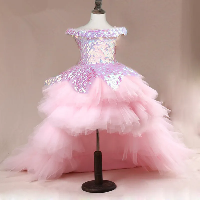 Roze Sequin High Low Girls Pageant Jurken Off The Shoulder Tulle Ball Gown Tiered Lace-Up Back Ruffle Rok Puffy Flower Meisje Jurk