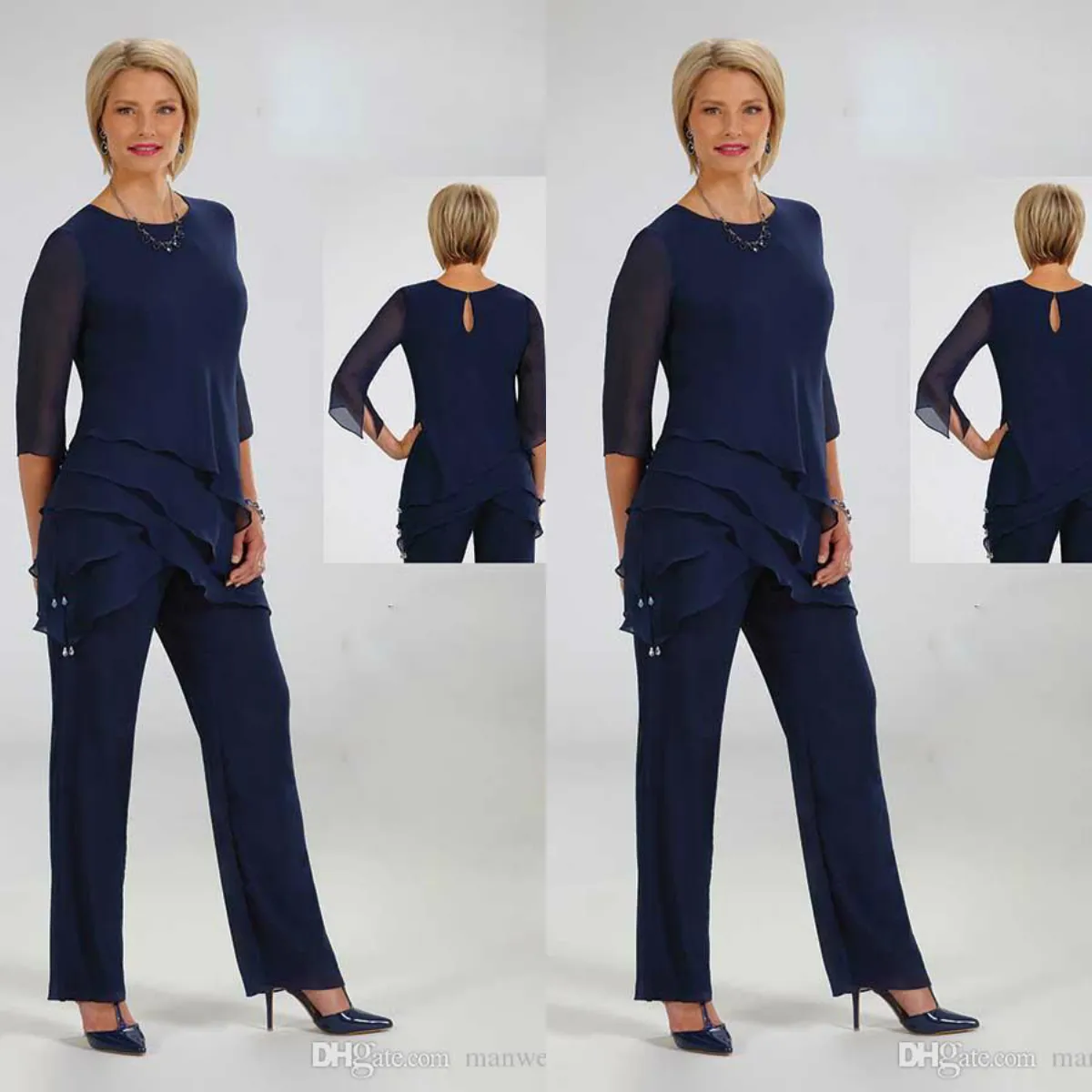 2020 Ursula Mor of the Bride Pant Suits Chiffon Dark Navy Ruffles Bröllop Gästklänning Plus Storlek Kvinnor Formell Outfit