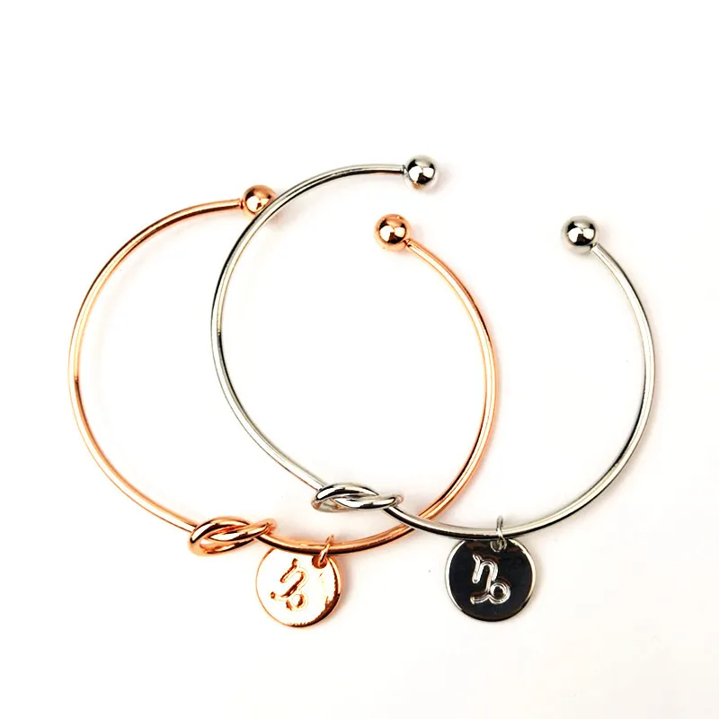 Noeud Coeur Bracelet Bracelet Rose Or Argent Couleur Signes Du Zodiaque 12 Constellation Hommes Alliage Rond Pendentif Charme Chaîne Bijoux pour Femmes Filles