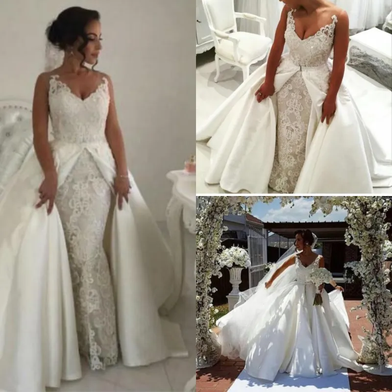 Sexig Arabisk Mermaid Bröllopsklänning V Neck Lace Appliques Tight Wedding Dresses Brudklänningar med avtagbar kjol Satin Train Boho 2019