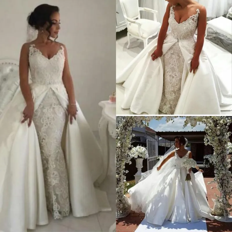 Sexy arabisches Meerjungfrau-Hochzeitskleid mit V-Ausschnitt, Spitzenapplikationen, enge Brautkleider, Brautkleider mit abnehmbarem Rock, Satin-Schleppe, Boho 2019