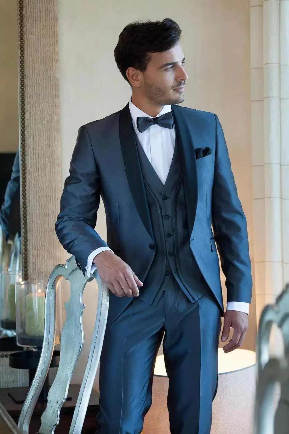 Handsome One Button Blue Wedding Groom Tuxedos Shawl Lapel Groomsmen Men Suits Prom Blazer (Jacket+Pants+Vest+Tie) NO:2111