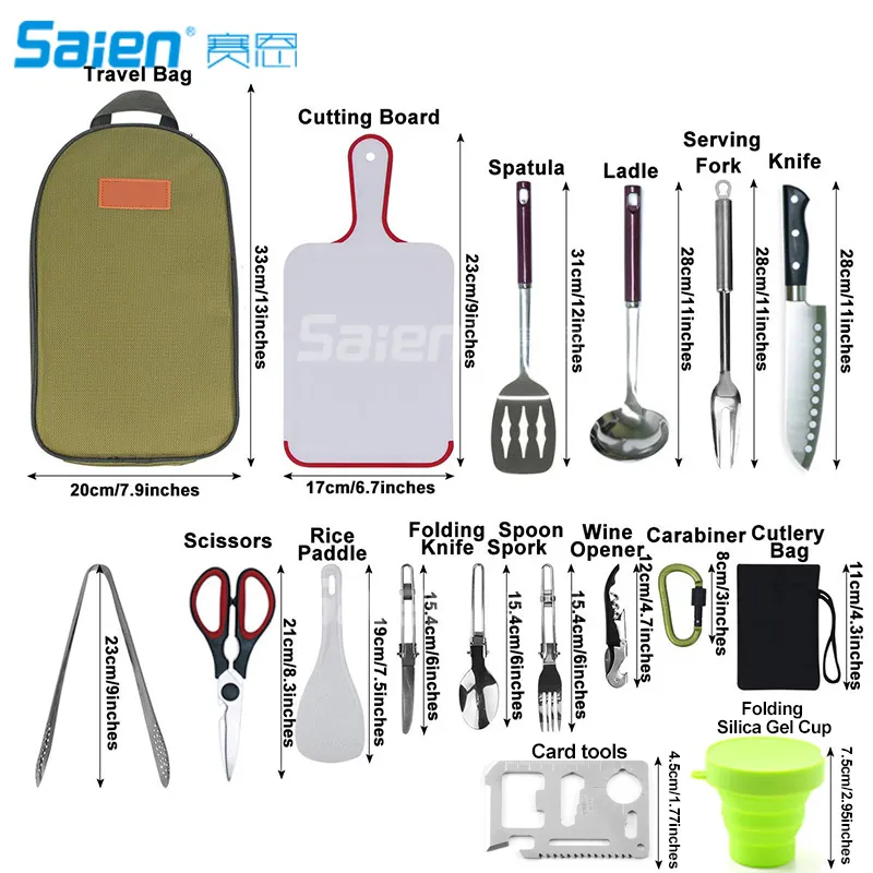 Set Utensili Da Campeggio HOMQUEN - Cucina Da Esterno Con Posate, Coltello, Tagliere E Borsa - Foto 8