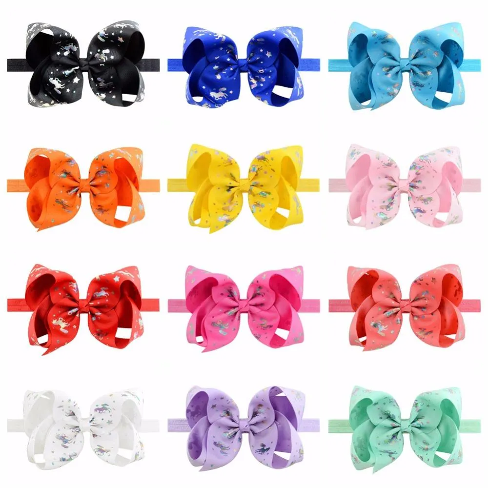 12 pz/lotto 6 pollici cavallo stella unicorno stampa archi cravatta fasce per bambini ragazza colorata fascia elastica accessori per capelli