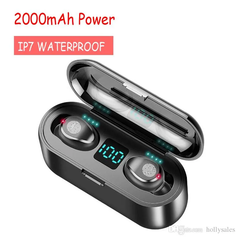 Écouteurs sans fil Bluetooth V5.0 F9 TWS Écouteurs 8D Stéréo Casque LED Affichage avec 2000mah Power Bank Casques