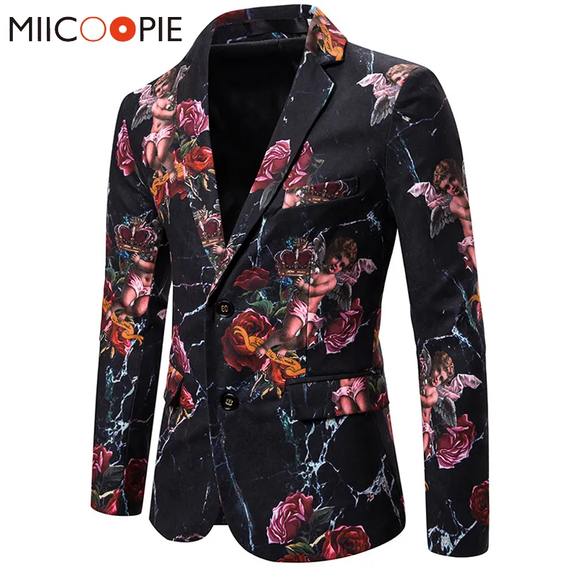 Män rose blommor blazers kostymer jackor hög kvalitet härlig ängel män tryckt blazer euro storlek singel breasted blazer masculino