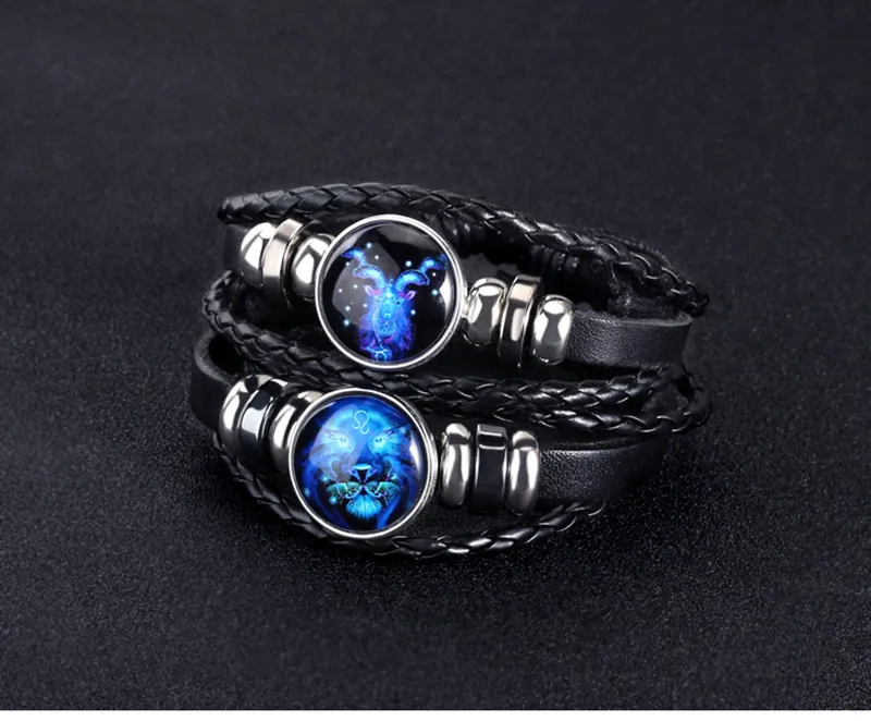 Twelve Constellations starry sky Bracelet Handmade leather couples bracelets Zodiac Glass Charm Bracelet for Christmas present Fre193T