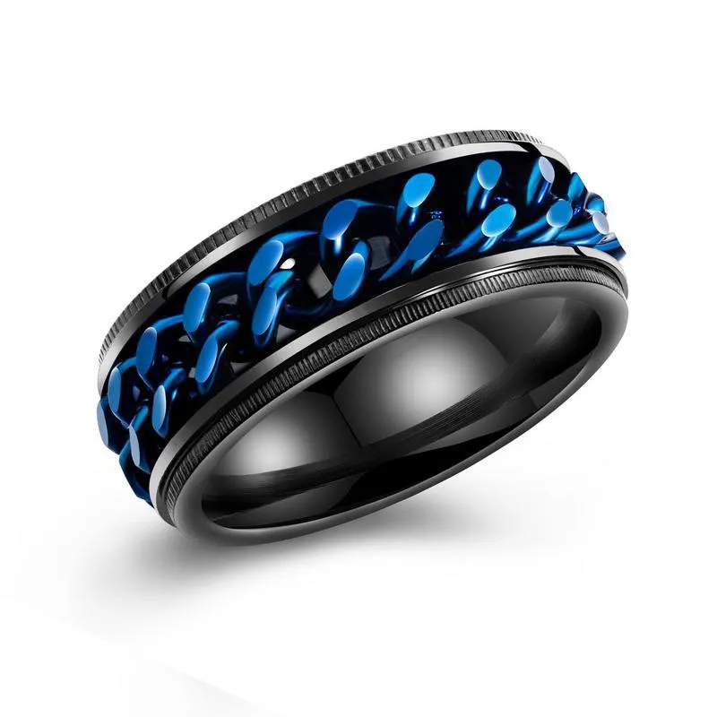 8mm Cool Blue Blue Spinner Chain Pierścień dla mężczyzn Ze Stali Nierdzewnej Tekstury Opony Obrotowe Linki Punk Ring Mężczyzna Ring Biżuteria Rozmiar 6 - 13