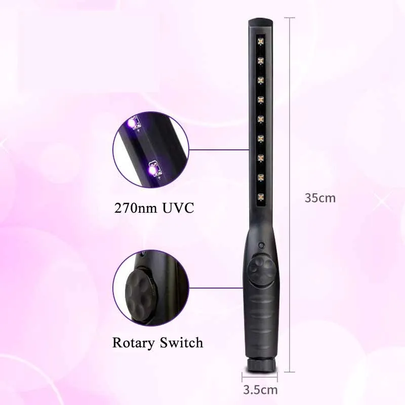 휴대용 UV 조명 270-280nm 20s 급속 살균 USB 충전식 휴대용 UV 소독제 완드 소독 살균 UVC 램프