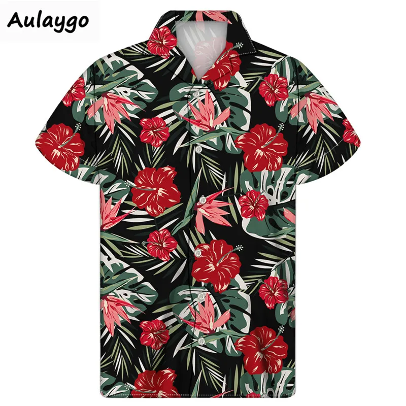 Été cubain homme chemise plantes tropicales imprimé col rabattu mince manches courtes ample hawaïen Shir 2020 nouveau Camisa Hombre