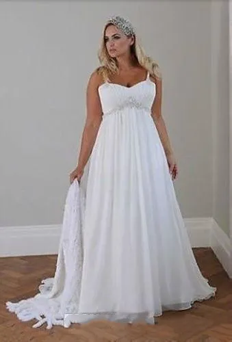 Modest Plus Size Wedding Dress Beach Chiffon A Line Floor Length Spaghetti Straps Lace up Back Simple Elegant Boho Bridal Gowns
