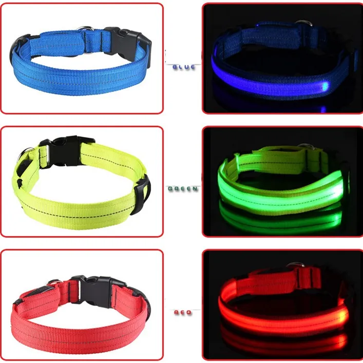 Collare di cane di nylon ricaricabile USB Collari di cane di nylon LED 2.5CM Larghezza 3 Dimensioni Dollari di sicurezza LED Forniture per animali domestici con un nastro riflettente