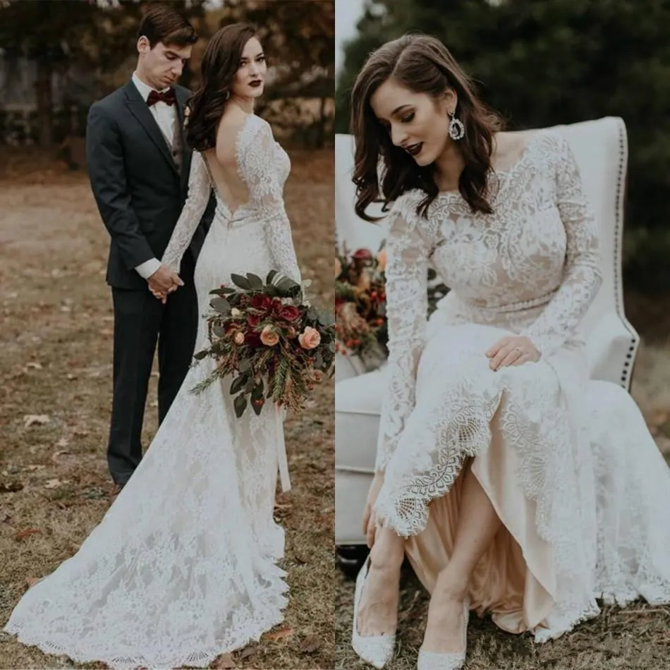 ロマンチックなボヘミアンのウェディングドレスの取り外し可能な電車のレース長袖バトーを見るBoho Wedding Dress Bridal Gowns Vestidos de Novia