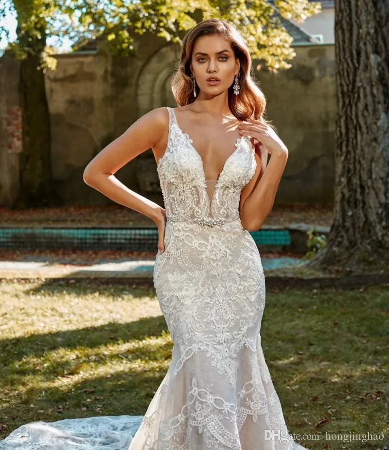 of Mila Lace strappy mermaid wedding dr with V-Neck, Beaded Backl - Customizable Plus Size Bridal Gown of Mila Lace strappy mermaid wedding dr with V-Neck, Beaded Backl - Customizable Plus Size Bridal Gown
